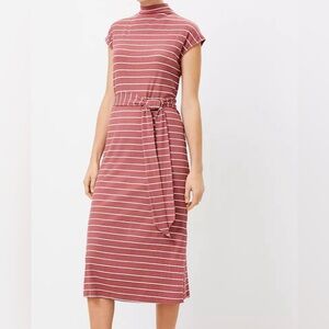 LOFT Blush Pink and White Striped Mock Neck Midi Dress, Size Small
